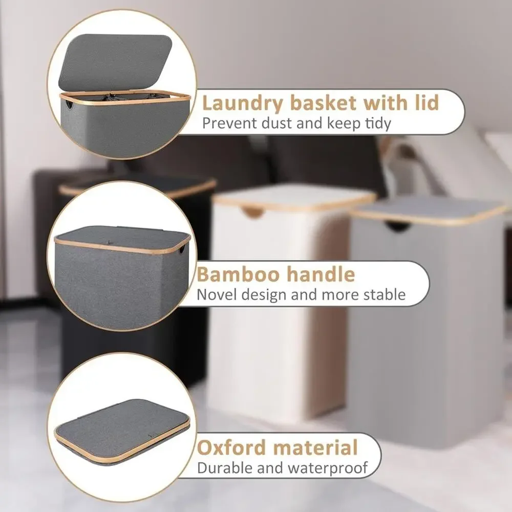 iEGrow 150L Laundry Hamper with Lid, 2 Removable Inner Bags, Bamboo Handles